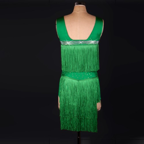 Green rhinestones backless fringes competition performance girl's women's latin salsa cha cha dance dresses costumes